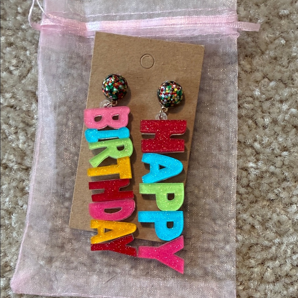 Happy Birthday acrylic dangle earrings glitter red blue pink green Jewlery